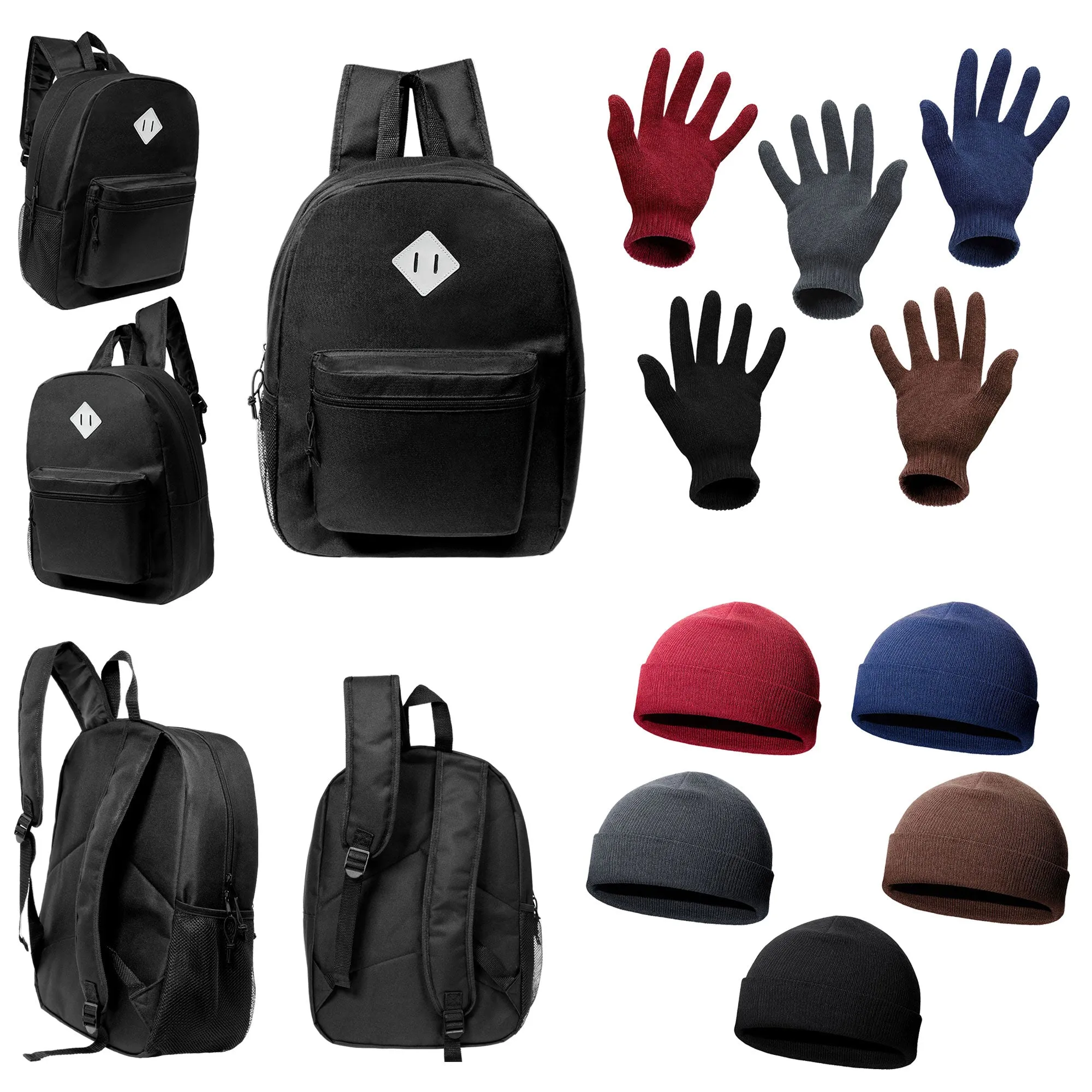 12 Reflective Patch 17" Black Backpacks & Your Choice of 12 Winter Item Sets - Wholesale Care Package: Homeless, Emergency, Charity