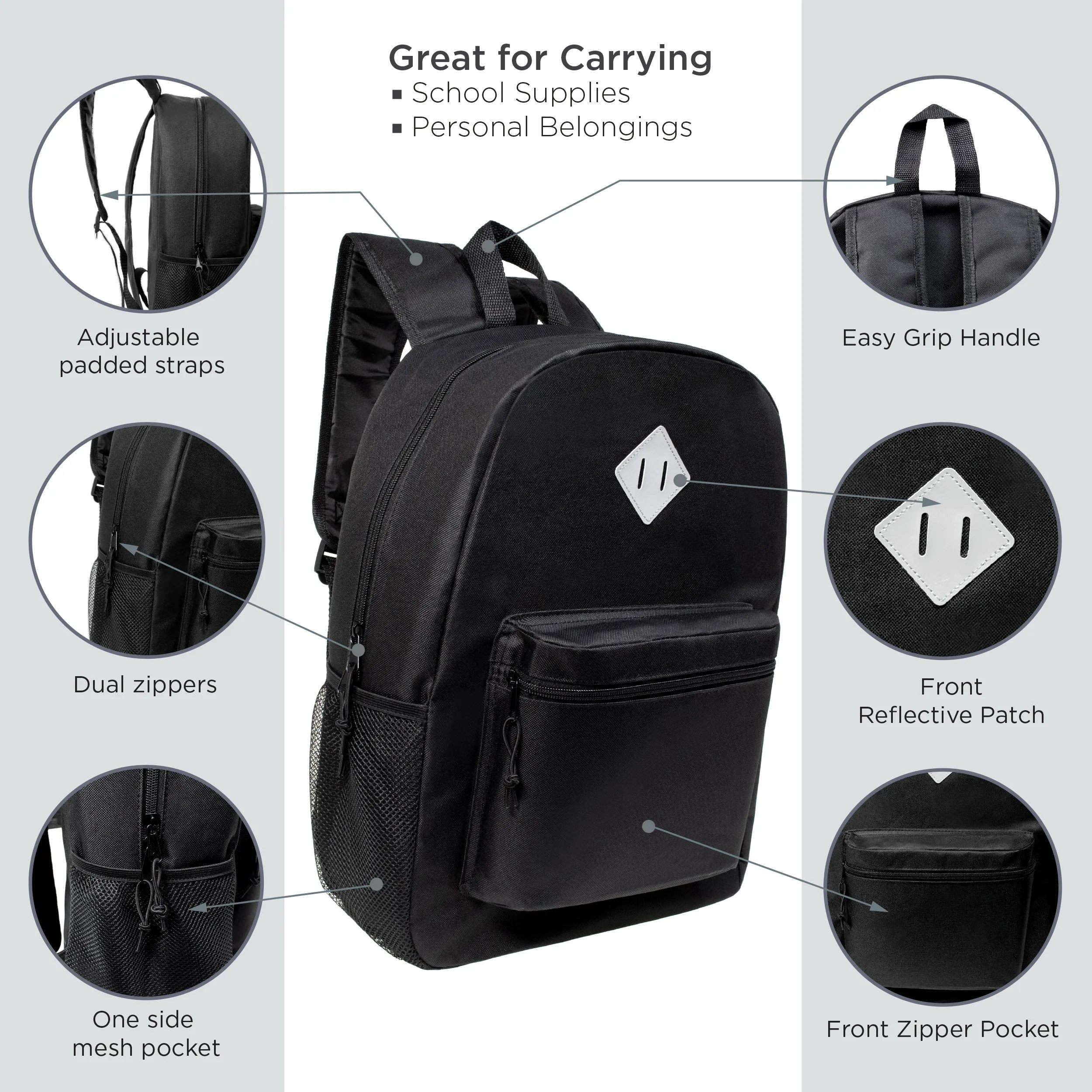 12 Reflective Patch 17" Black Backpacks & Your Choice of 12 Winter Item Sets - Wholesale Care Package: Homeless, Emergency, Charity