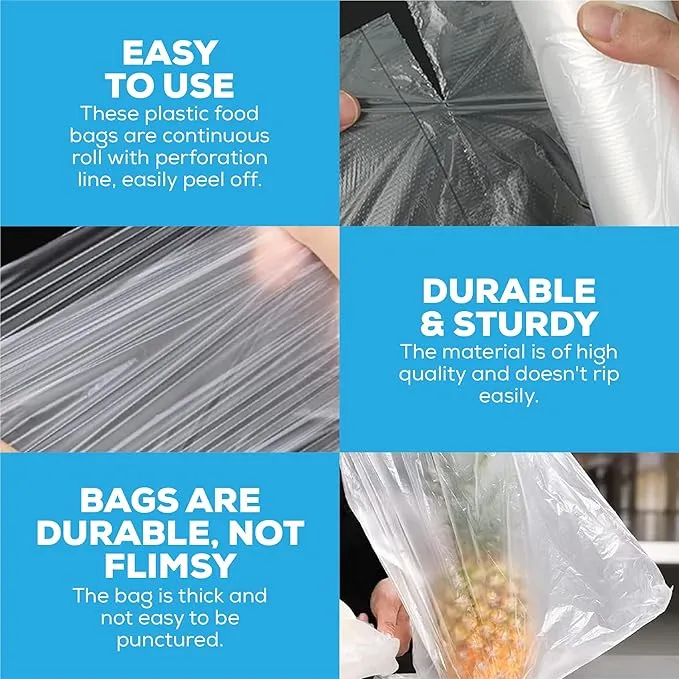 500 x Clear Plastic Bags on a Roll | Food and Sandwich Roll Bags | Freezer Food Storage Bags Rolls | Clear Plastic Poly Food Bags Multi-Use Fresh Fruit and Veg (9" X 14")