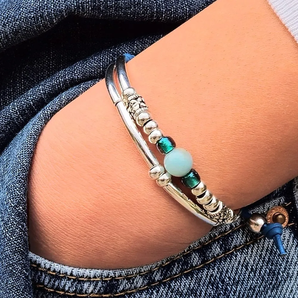 Amazonite Bracelet in Blue Leather & Silver - Aqua