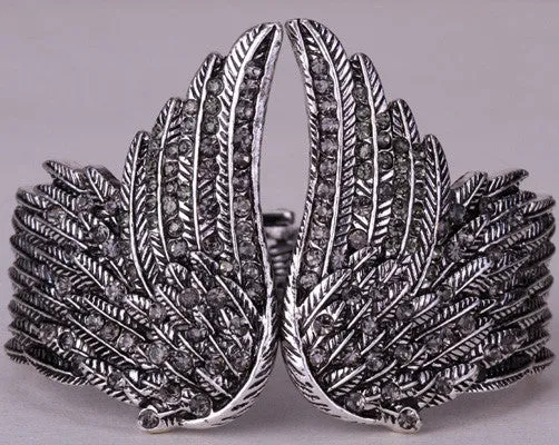 Angel wings feather bracelet women biker jewelry antique gold & silver plated W/ crystal