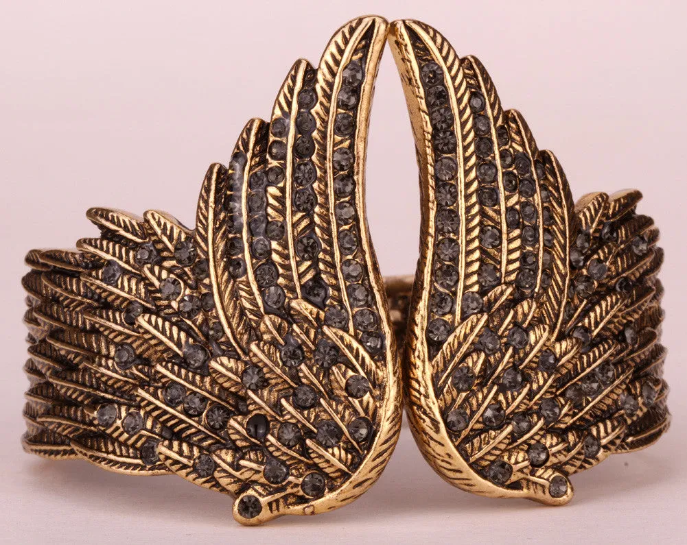 Angel wings feather bracelet women biker jewelry antique gold & silver plated W/ crystal