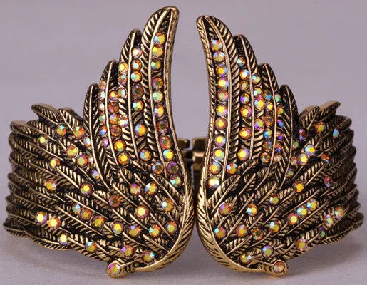 Angel wings feather bracelet women biker jewelry antique gold & silver plated W/ crystal