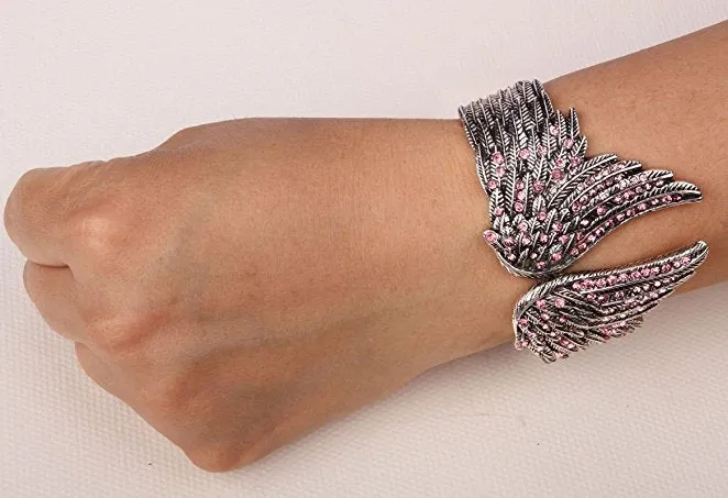 Angel wings feather bracelet women biker jewelry antique gold & silver plated W/ crystal
