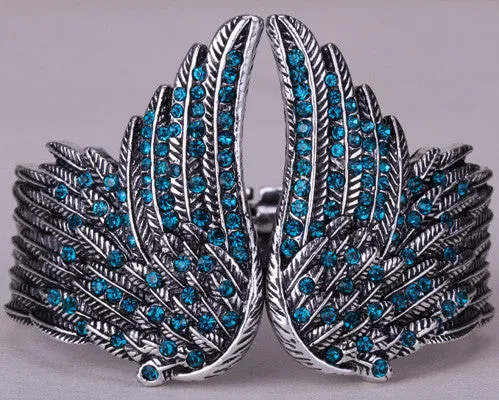 Angel wings feather bracelet women biker jewelry antique gold & silver plated W/ crystal