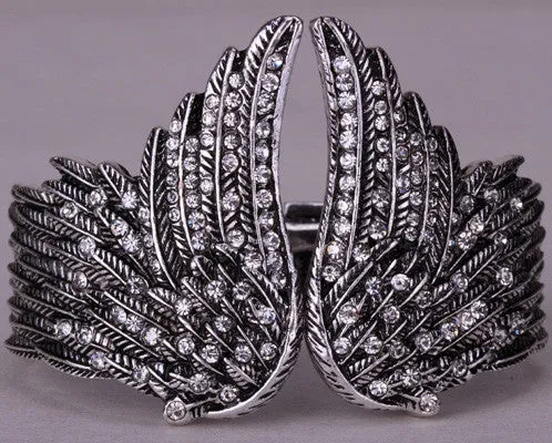 Angel wings feather bracelet women biker jewelry antique gold & silver plated W/ crystal