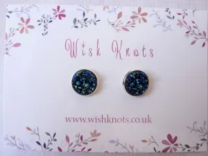 Black Rainbow Druzy Stud Earrings - Faux Druzy Studs. Rainbow Jet Earrings