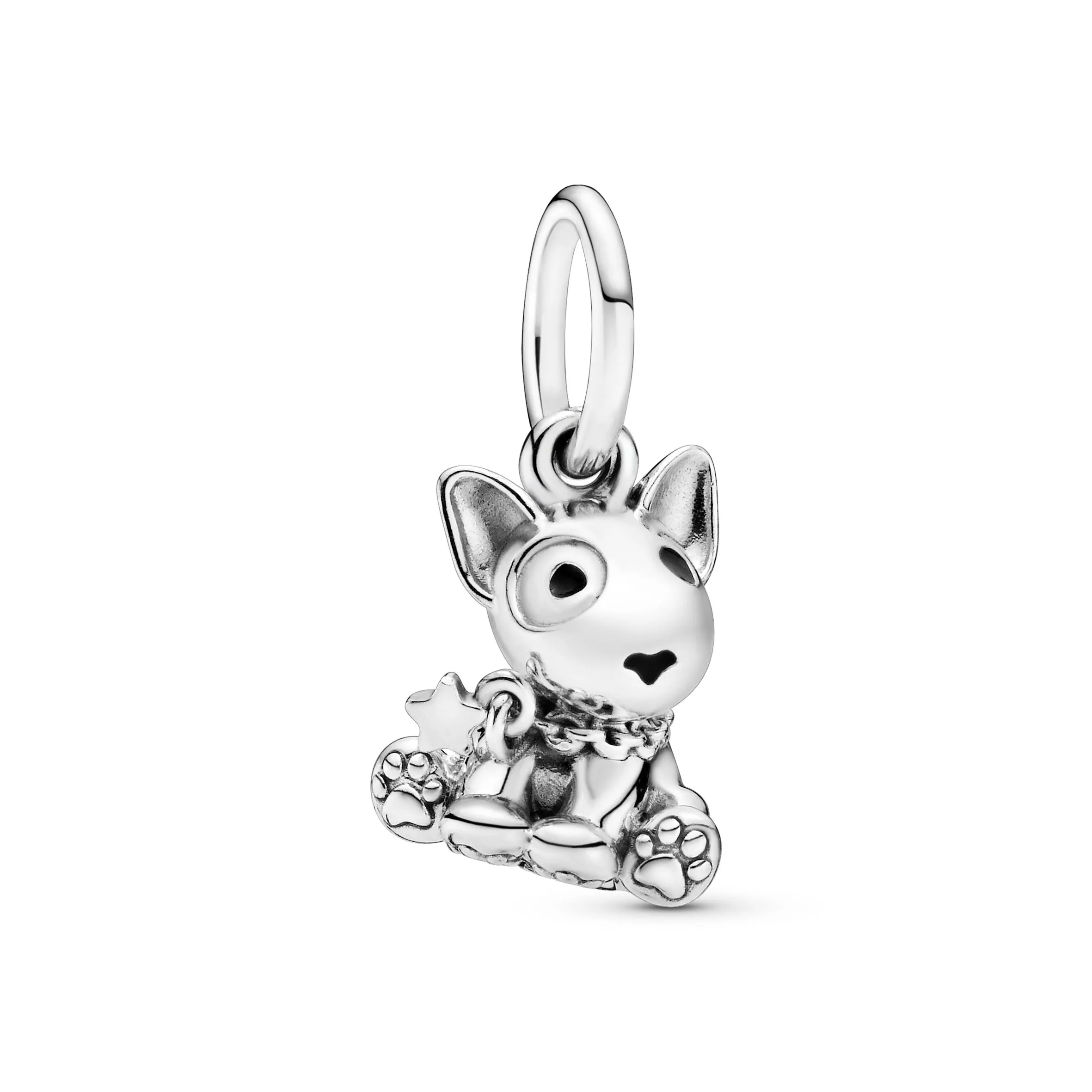 Bull terrier dog silver dangle with black enamel