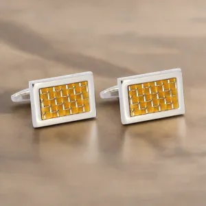 Carbon Fiber Yellow Rectangle Cufflinks in Silver outline