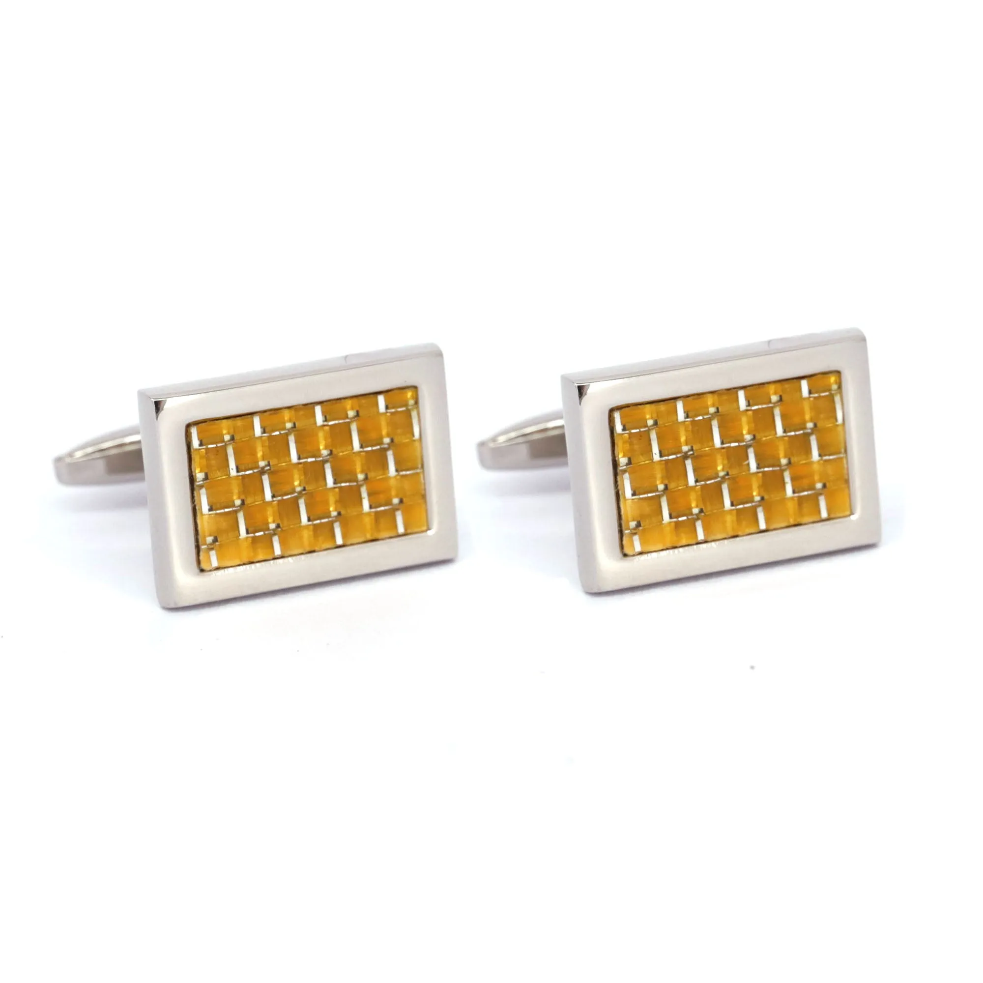 Carbon Fiber Yellow Rectangle Cufflinks in Silver outline