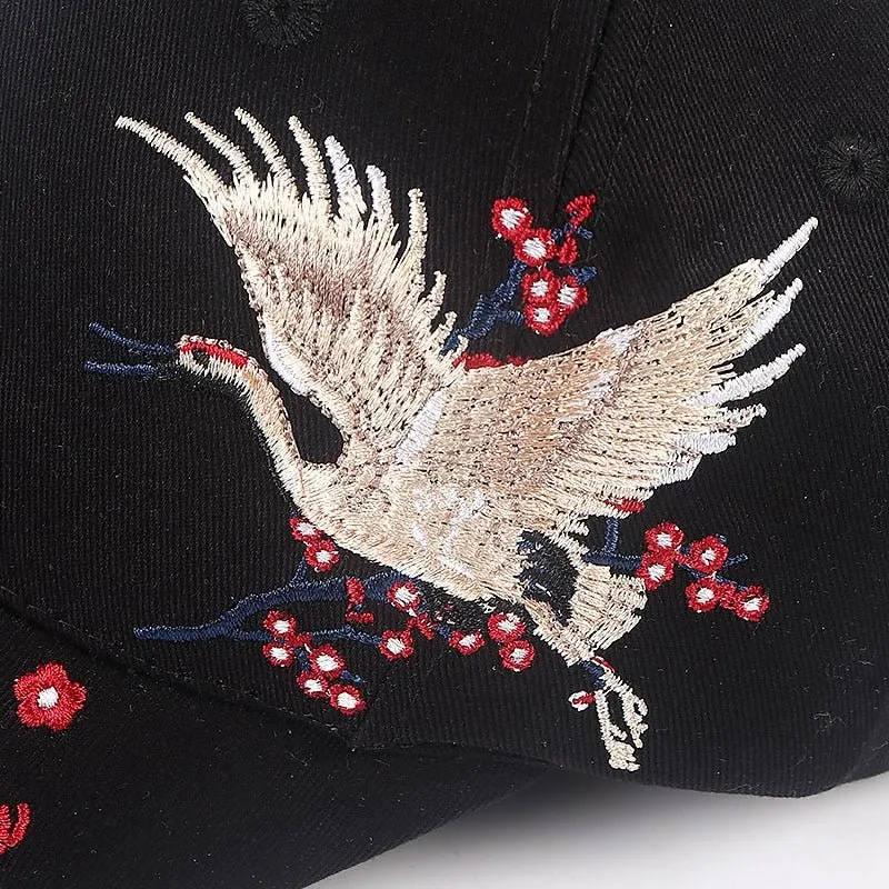 Floral Crane Embroidered Japanese Cap