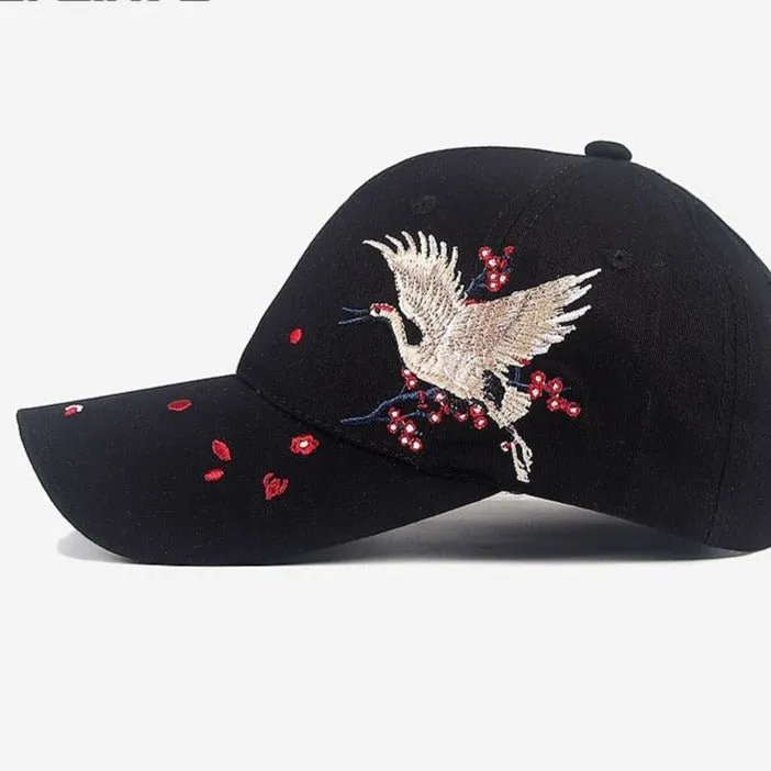 Floral Crane Embroidered Japanese Cap