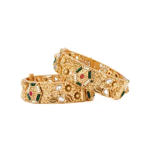 Gold Plated Kundan With Pink Onyx Stone & Multi Color Pearls Bangles, Set of 2