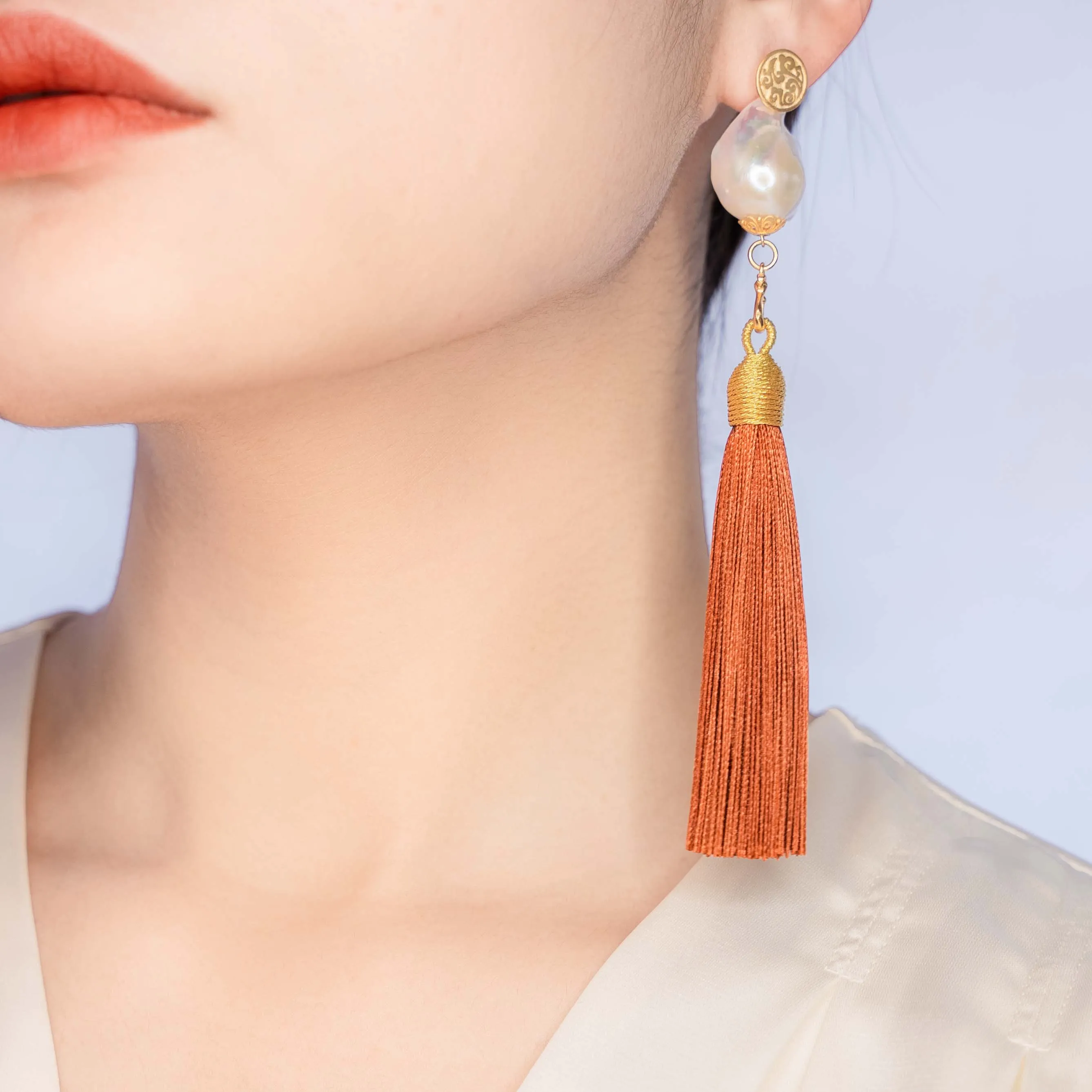 Large Baroque Pearl Orange Silk Tassel Earrings