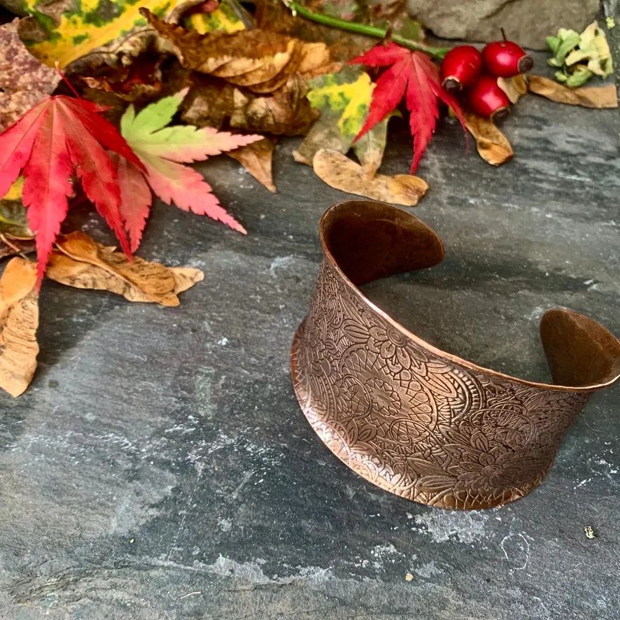 Large decorative copper cuff bracelet