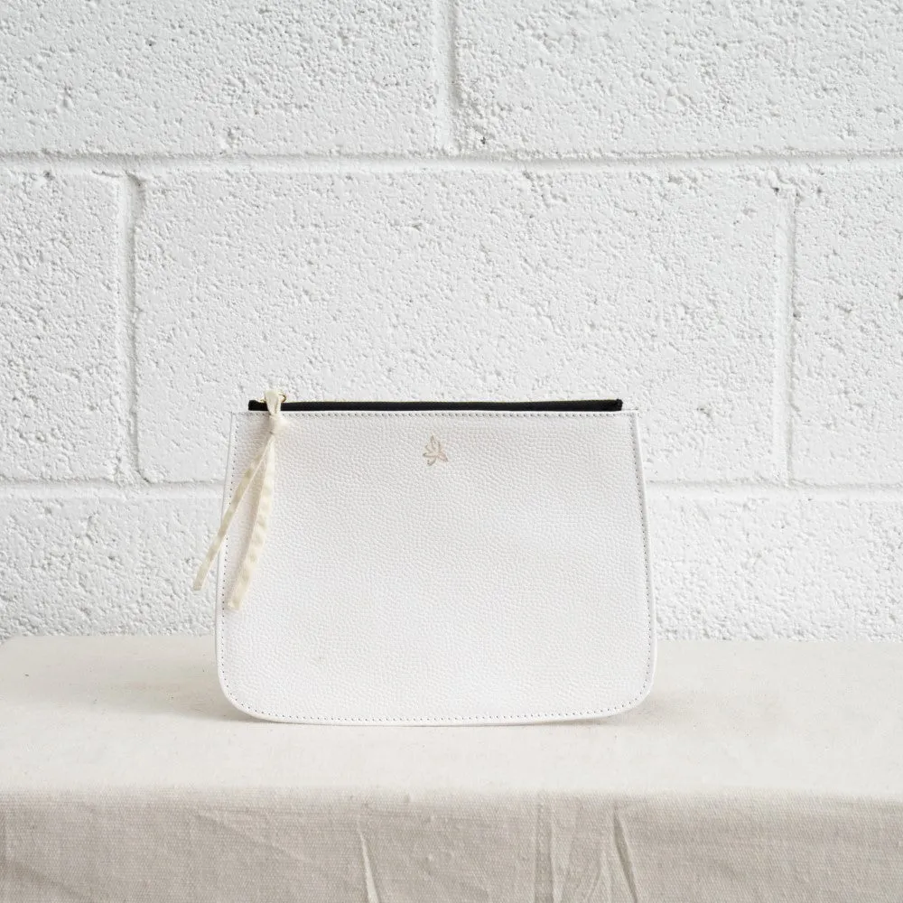 Leather Clutch - White textured leather | gold zipper | fabric pull tab | cloth lining