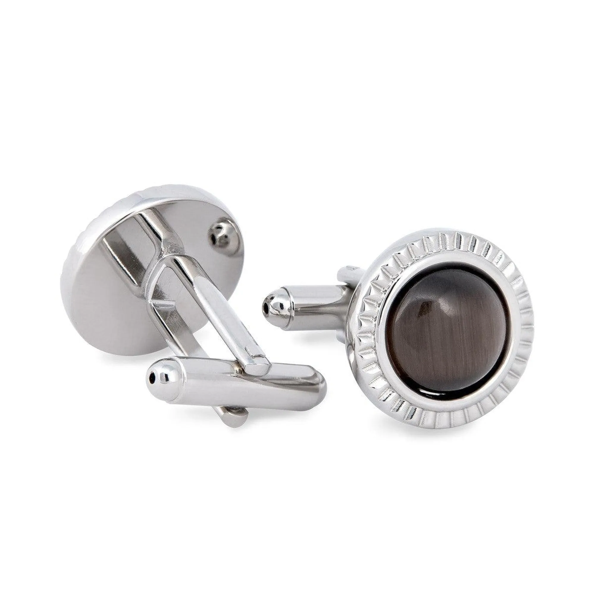 Round Brown Catseye Cufflinks with Detailed Cut Rim (Online Exclusive)