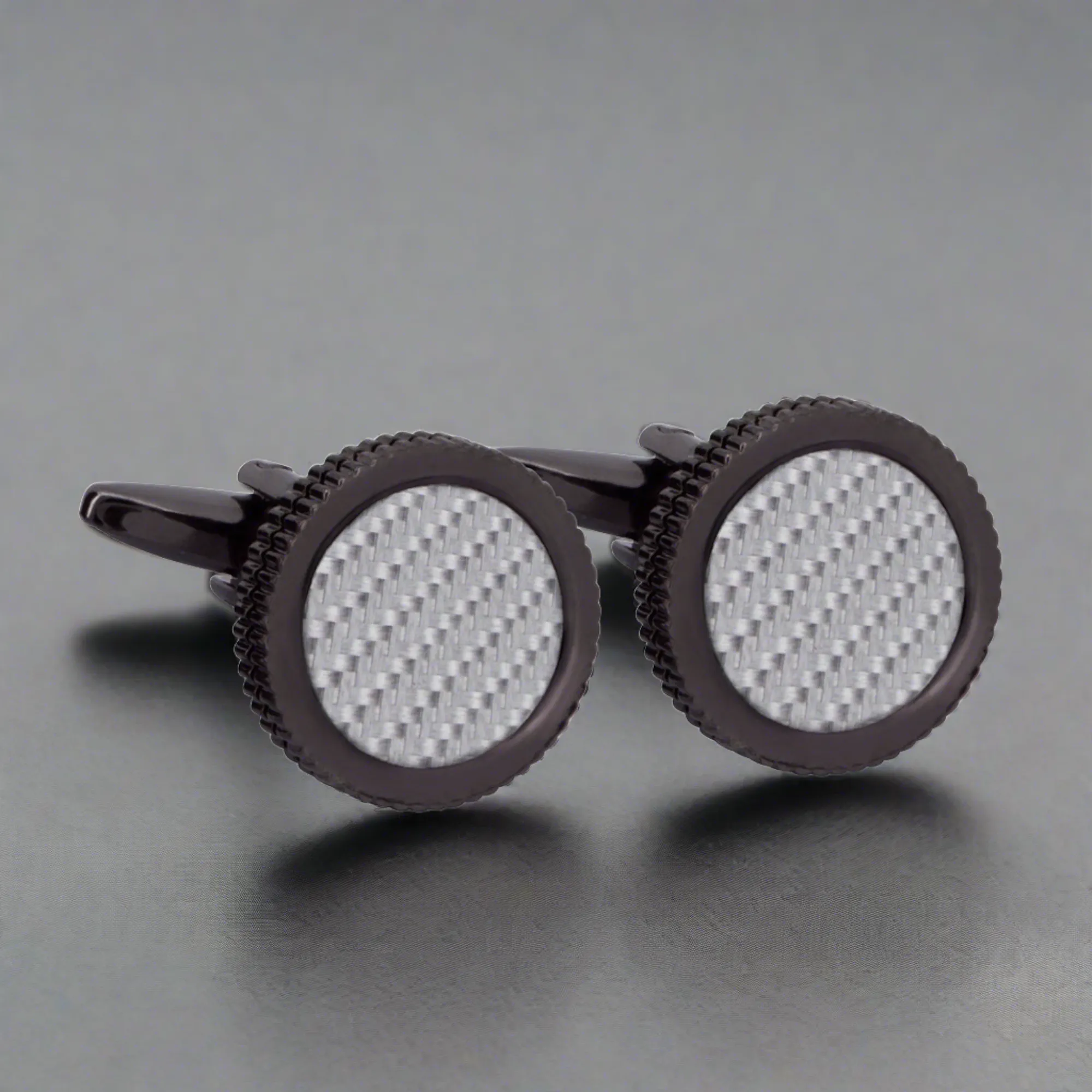 Round Grey Carbon Fibre Cufflinks in Gunmetal  (Online Exclusive)