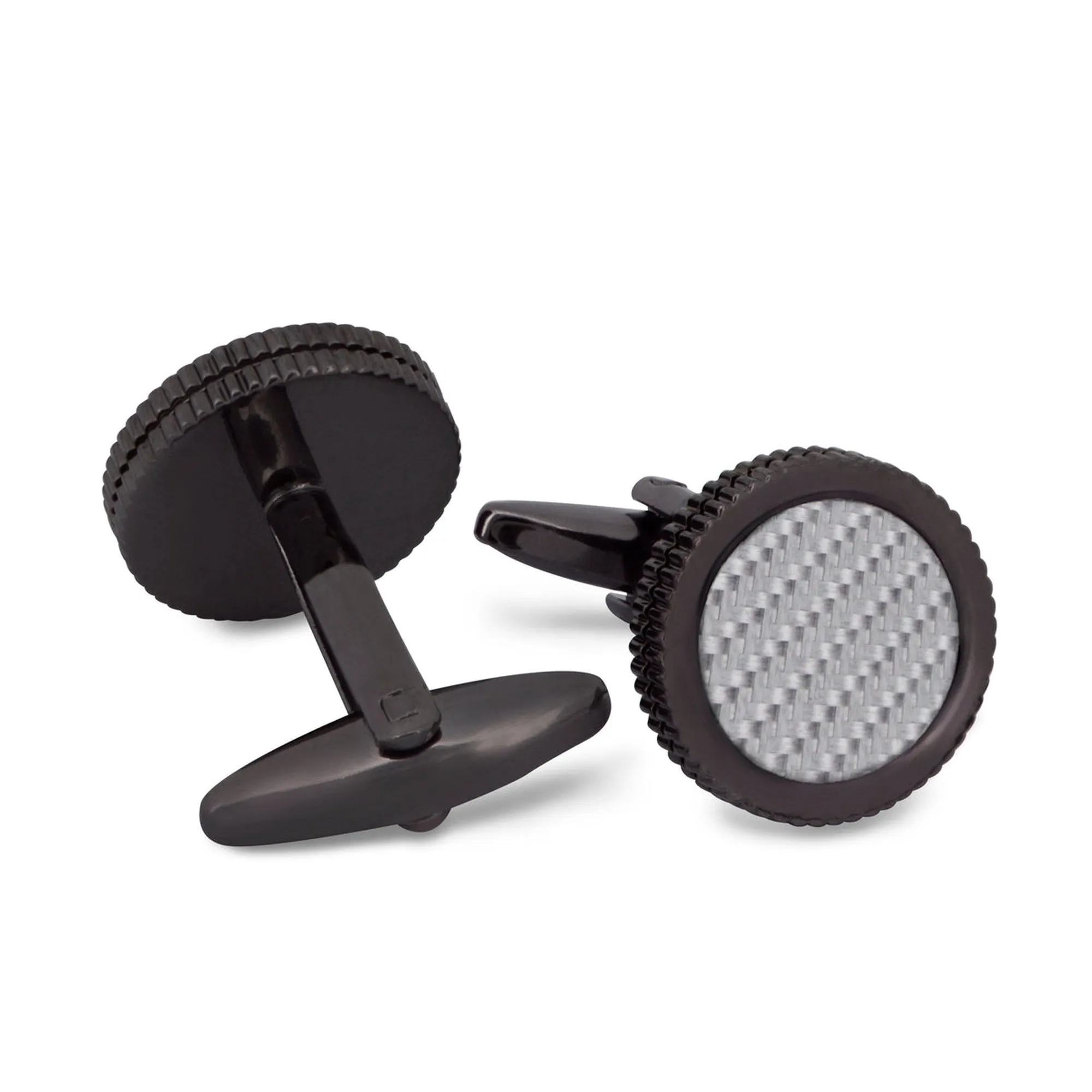 Round Grey Carbon Fibre Cufflinks in Gunmetal  (Online Exclusive)