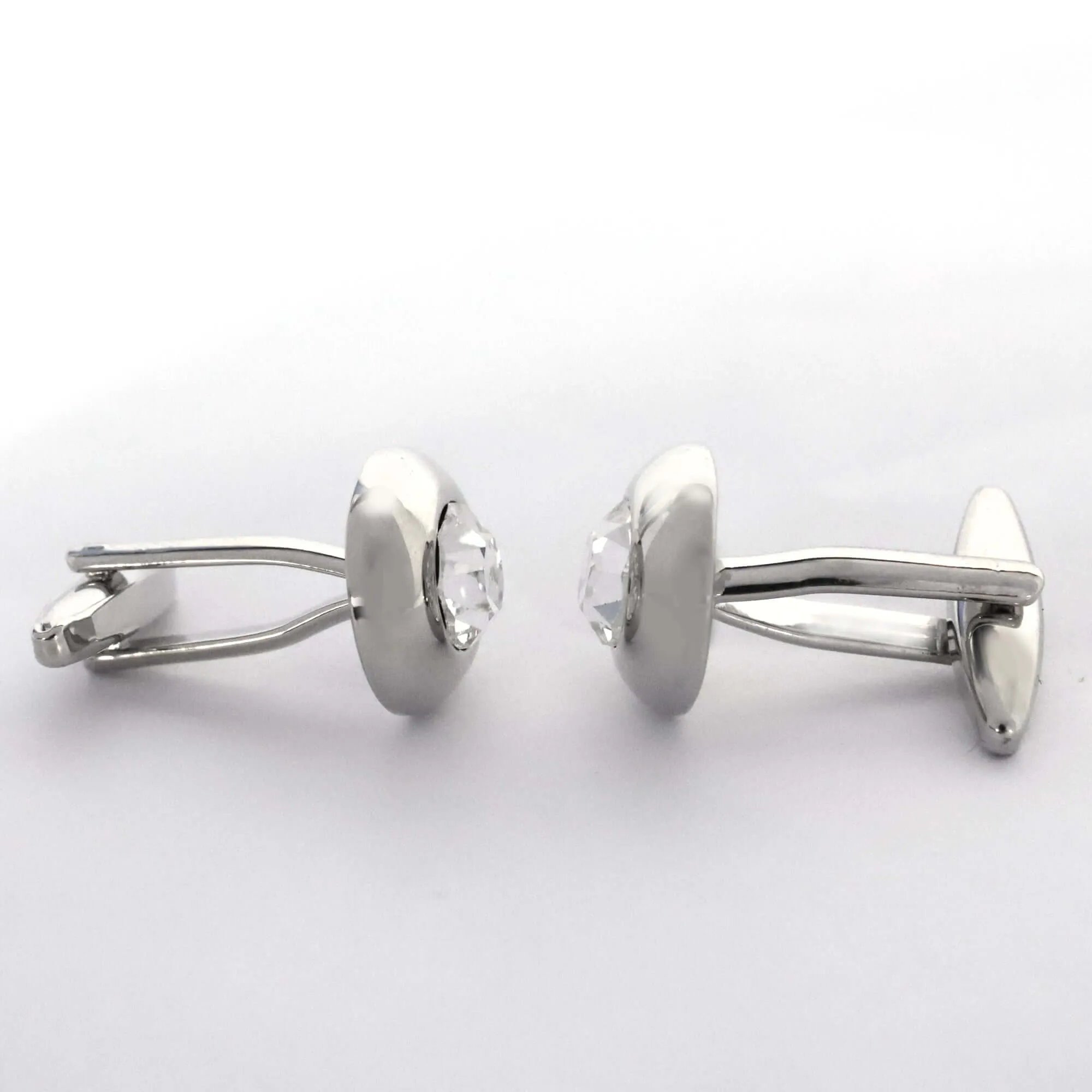 Round Silver One Clear Diamond Crystal Cufflinks