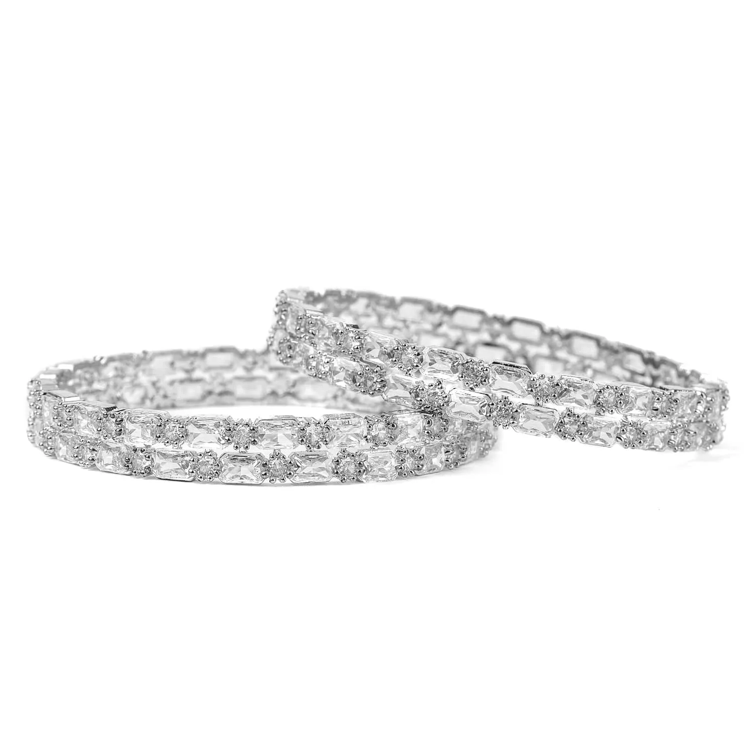 Rubans Set of 2 Rhodium-Plated Crystal White AD & Cubic Zirconia Studded Premium Bangles