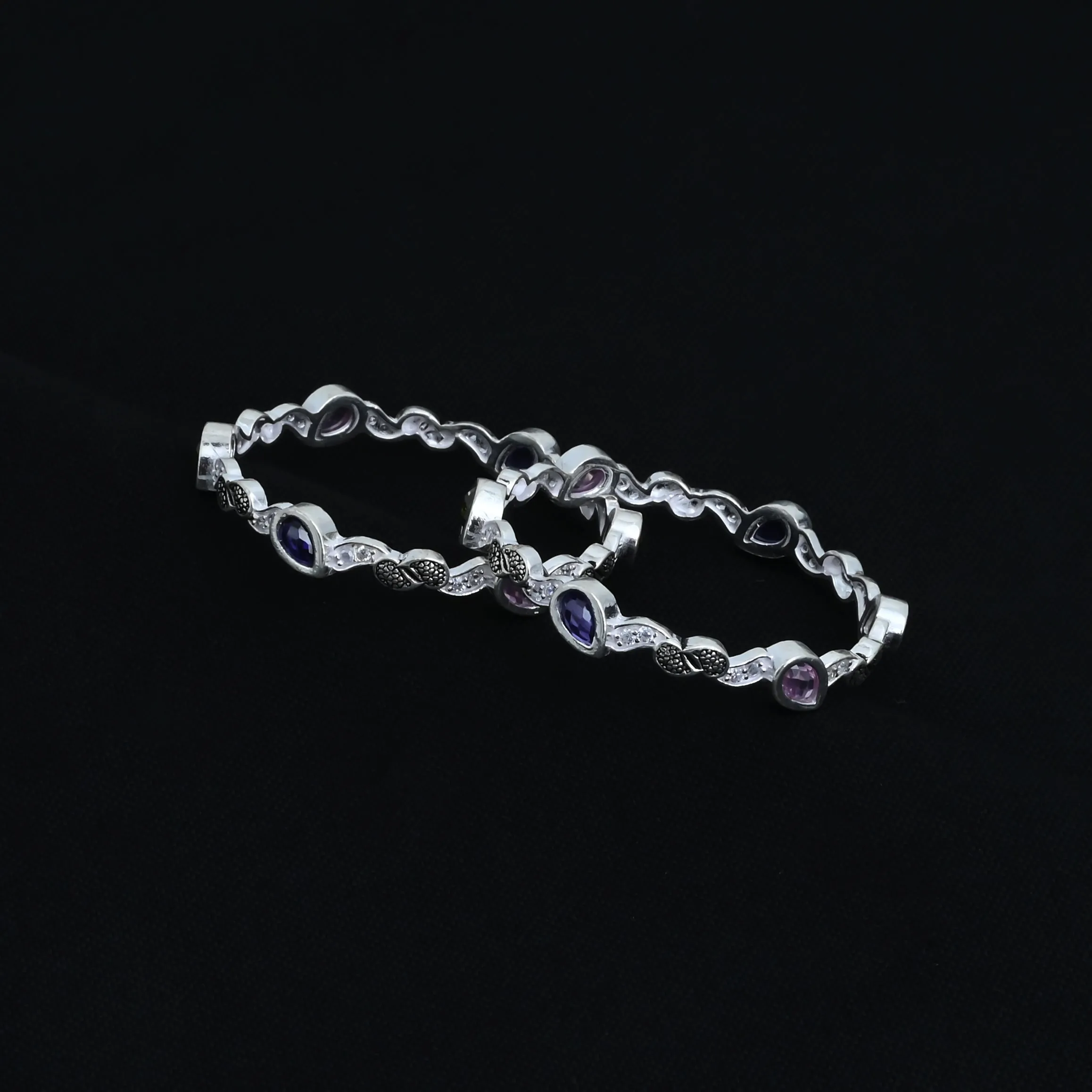 Silver Premium Gem Stone with Leaf Design Bangles for Girls