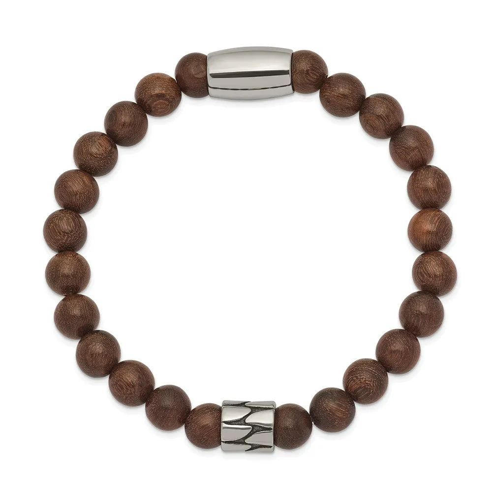 Stainless Steel Antiqued & Polished Brown Phoebe Wood Stretch Bracelet