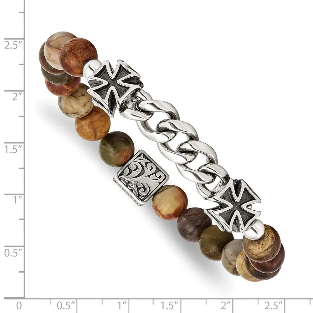 Stainless Steel Antiqued & Polished Natural Turquoise Cross Stretch Bracele