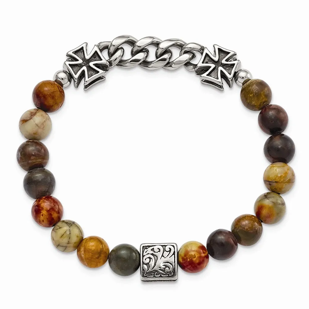 Stainless Steel Antiqued & Polished Natural Turquoise Cross Stretch Bracele