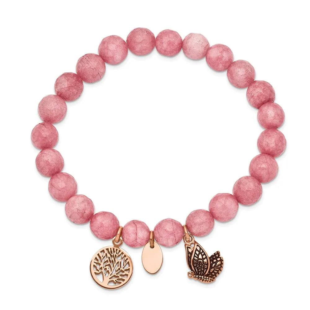 Stainless Steel Antiqued & Polished Rose IP Pink Dyed Jade Stretch Bracelet