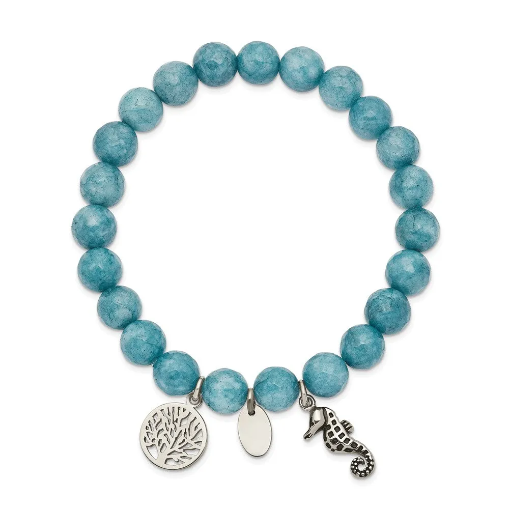 Stainless Steel Antiqued & Polished Seahorse Blue Dyed Jade Stretch Bracele