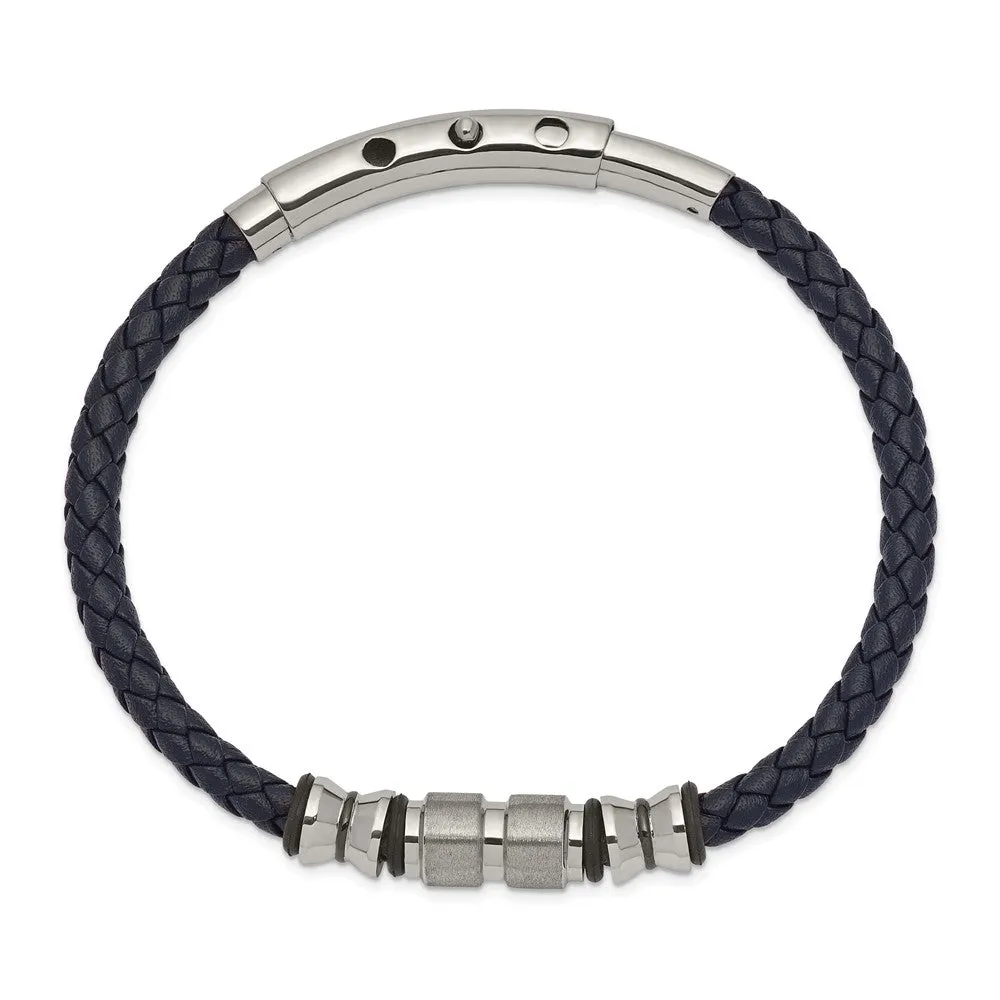 Stainless Steel Brushed & Polished Blk IP/Rubber Blue Leather Adj. Bracelet