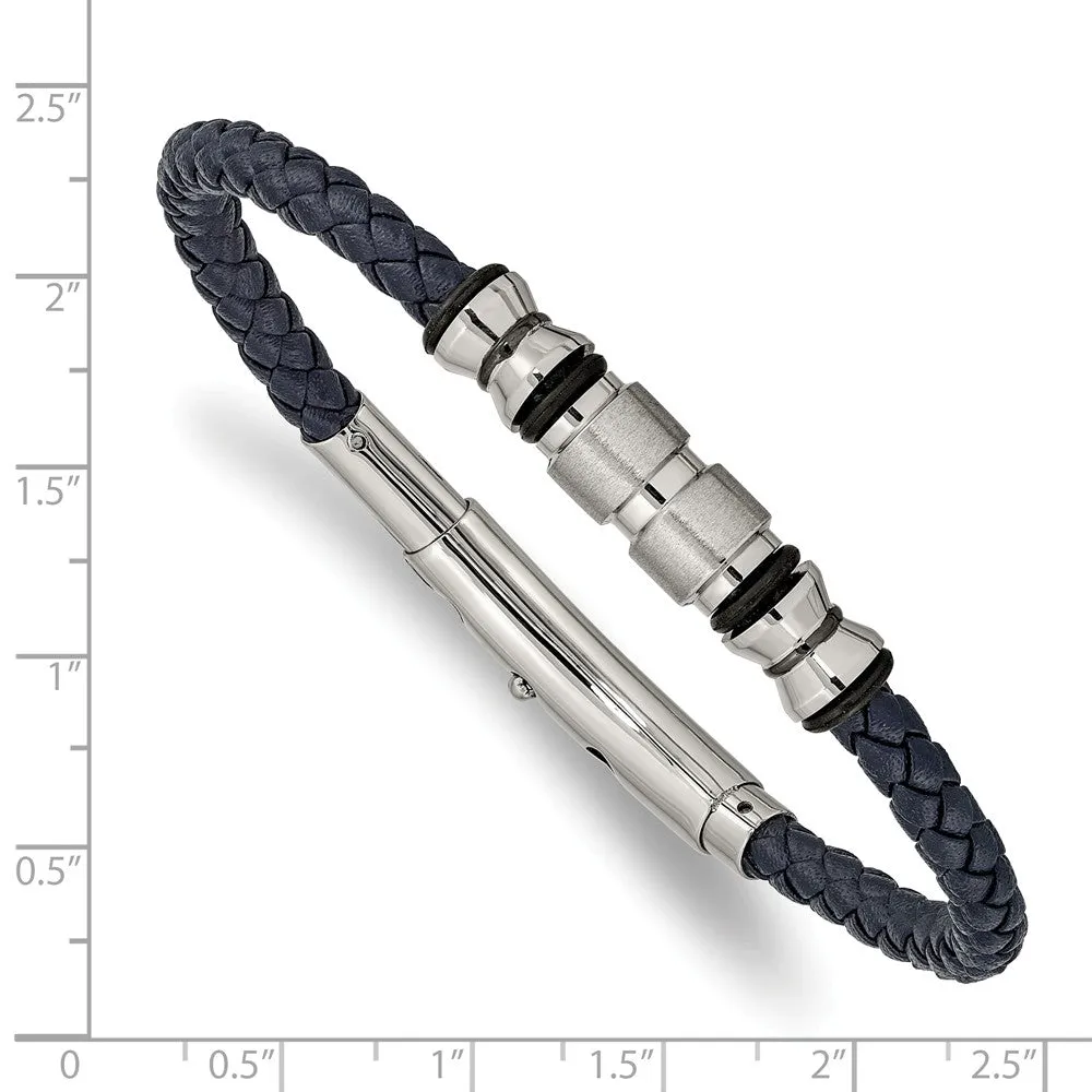 Stainless Steel Brushed & Polished Blk IP/Rubber Blue Leather Adj. Bracelet