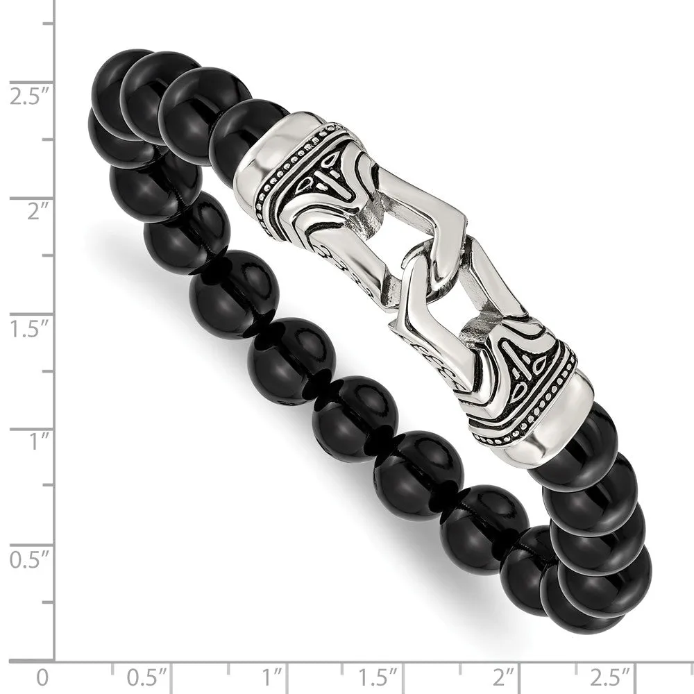 Stainless Steel Polished Antiqued Black Agate Stretch Bracelet
