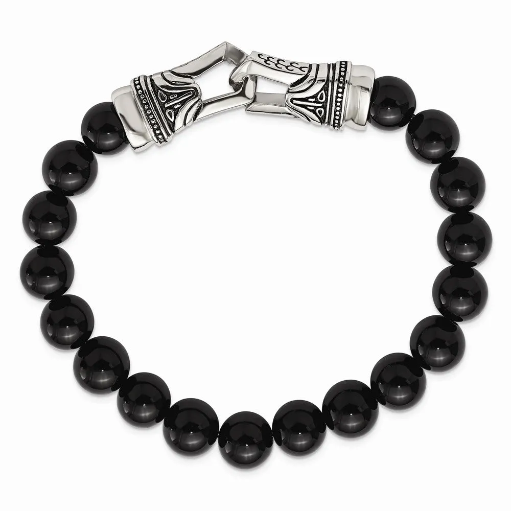 Stainless Steel Polished Antiqued Black Agate Stretch Bracelet