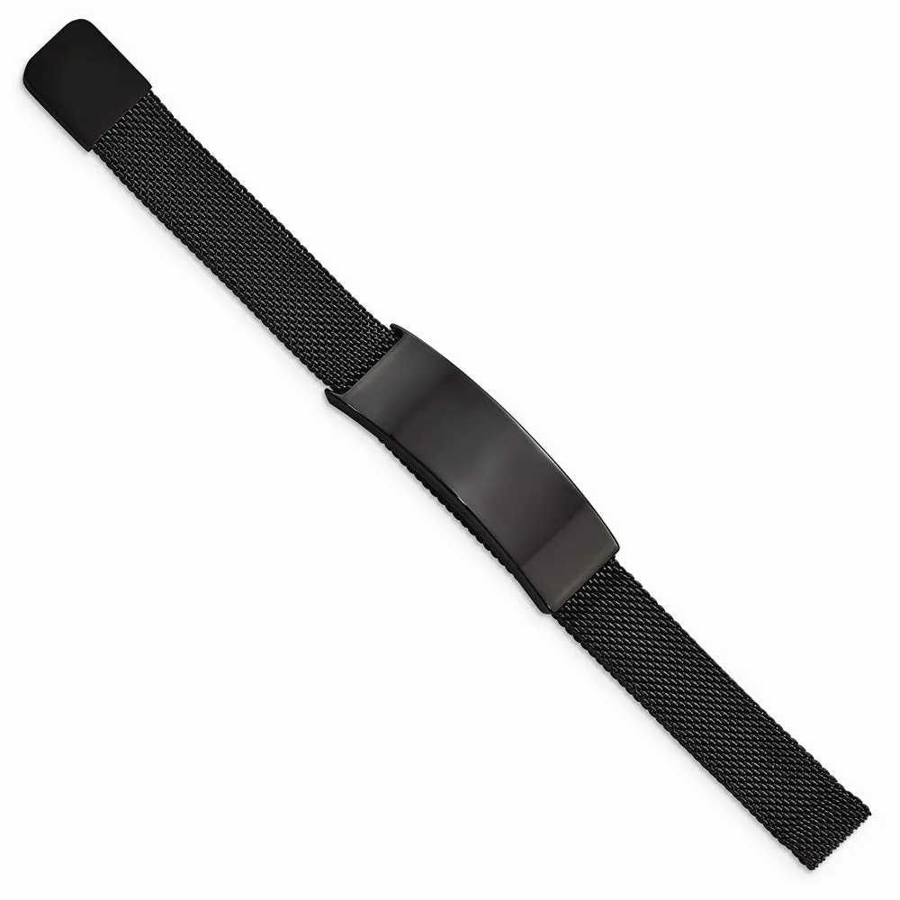 Stainless Steel Polished Black IP-plated Mesh Adjustable ID Bracelet