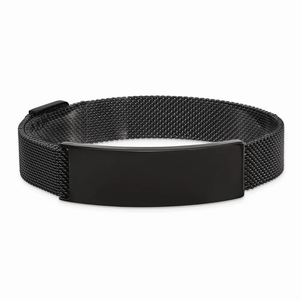 Stainless Steel Polished Black IP-plated Mesh Adjustable ID Bracelet