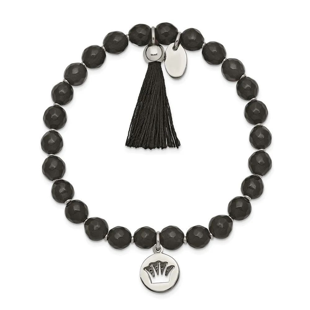 Stainless Steel Polished Crown w/Tassel Black Jade Stretch Bracelet
