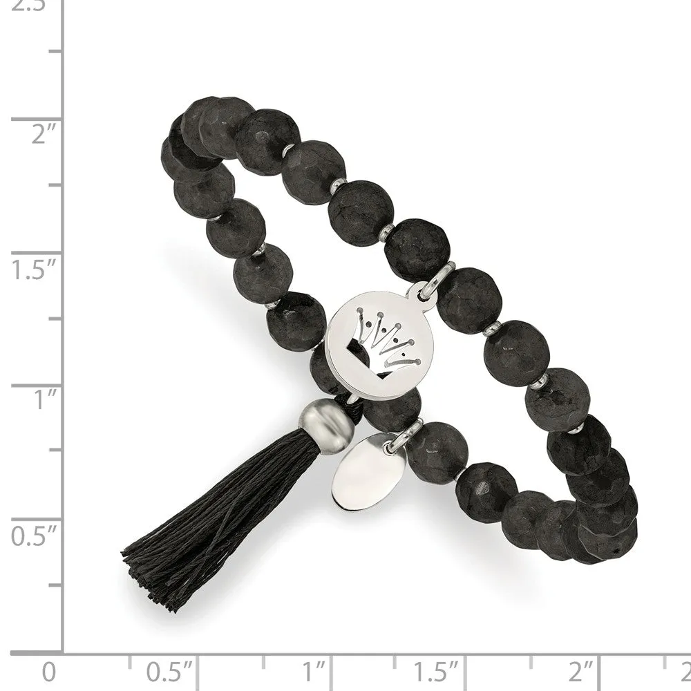 Stainless Steel Polished Crown w/Tassel Black Jade Stretch Bracelet