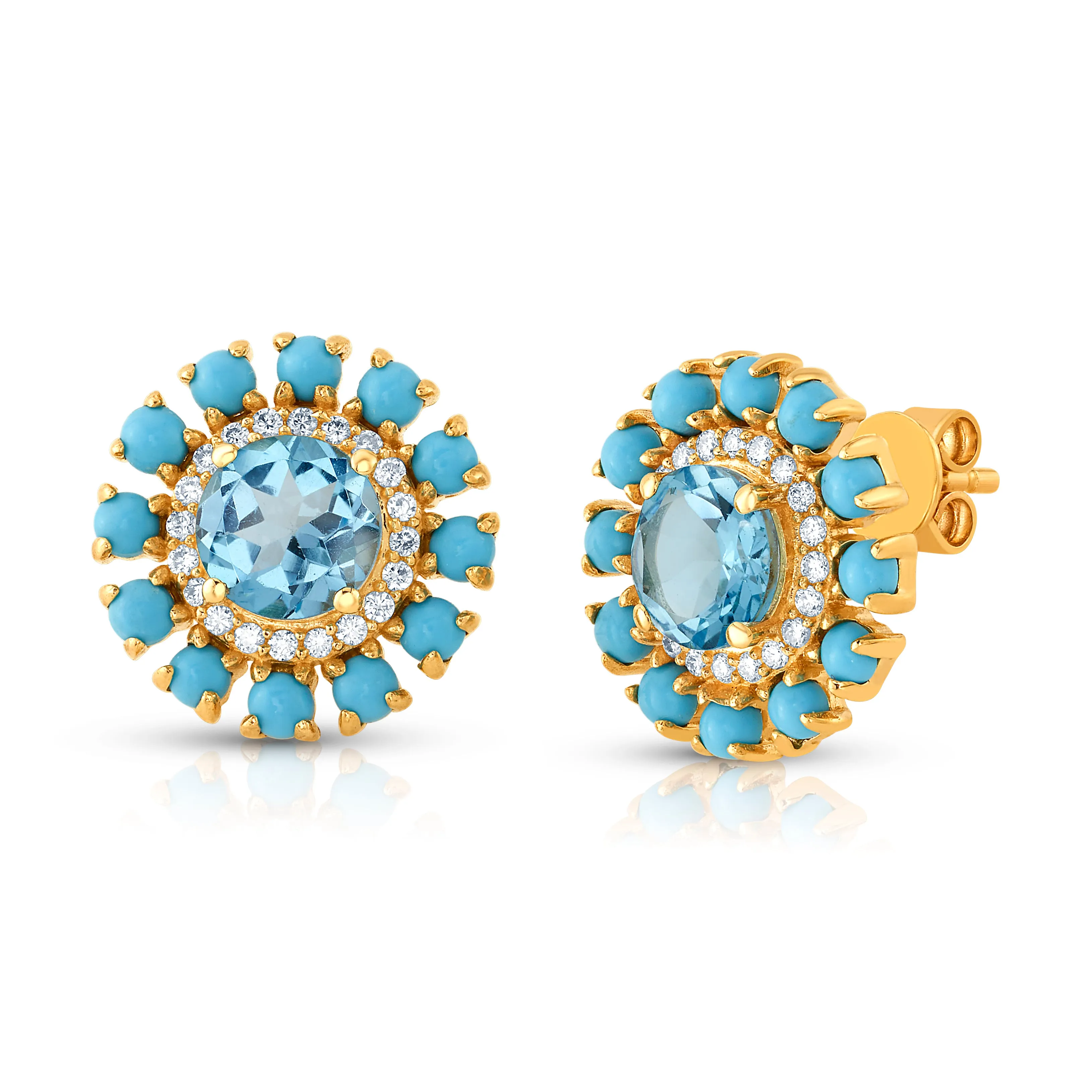 TURQUOISE & DIAMOND BLOSSOM STUDS, 14kt Gold