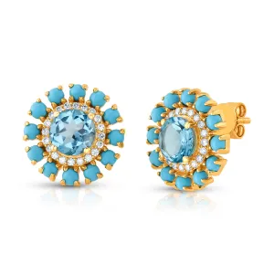 TURQUOISE & DIAMOND BLOSSOM STUDS, 14kt Gold