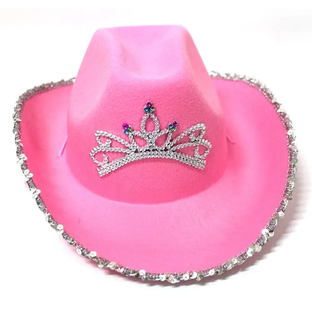 Western Style Tiara Cowgirl Hat for Women Girl Pink Tiara Cowgirl Hat Cowboy Cap Holiday Costume Party Hat