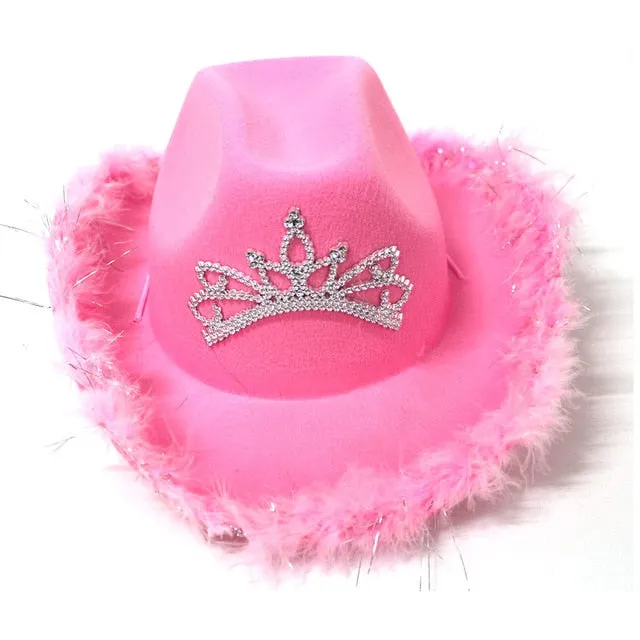Western Style Tiara Cowgirl Hat for Women Girl Pink Tiara Cowgirl Hat Cowboy Cap Holiday Costume Party Hat