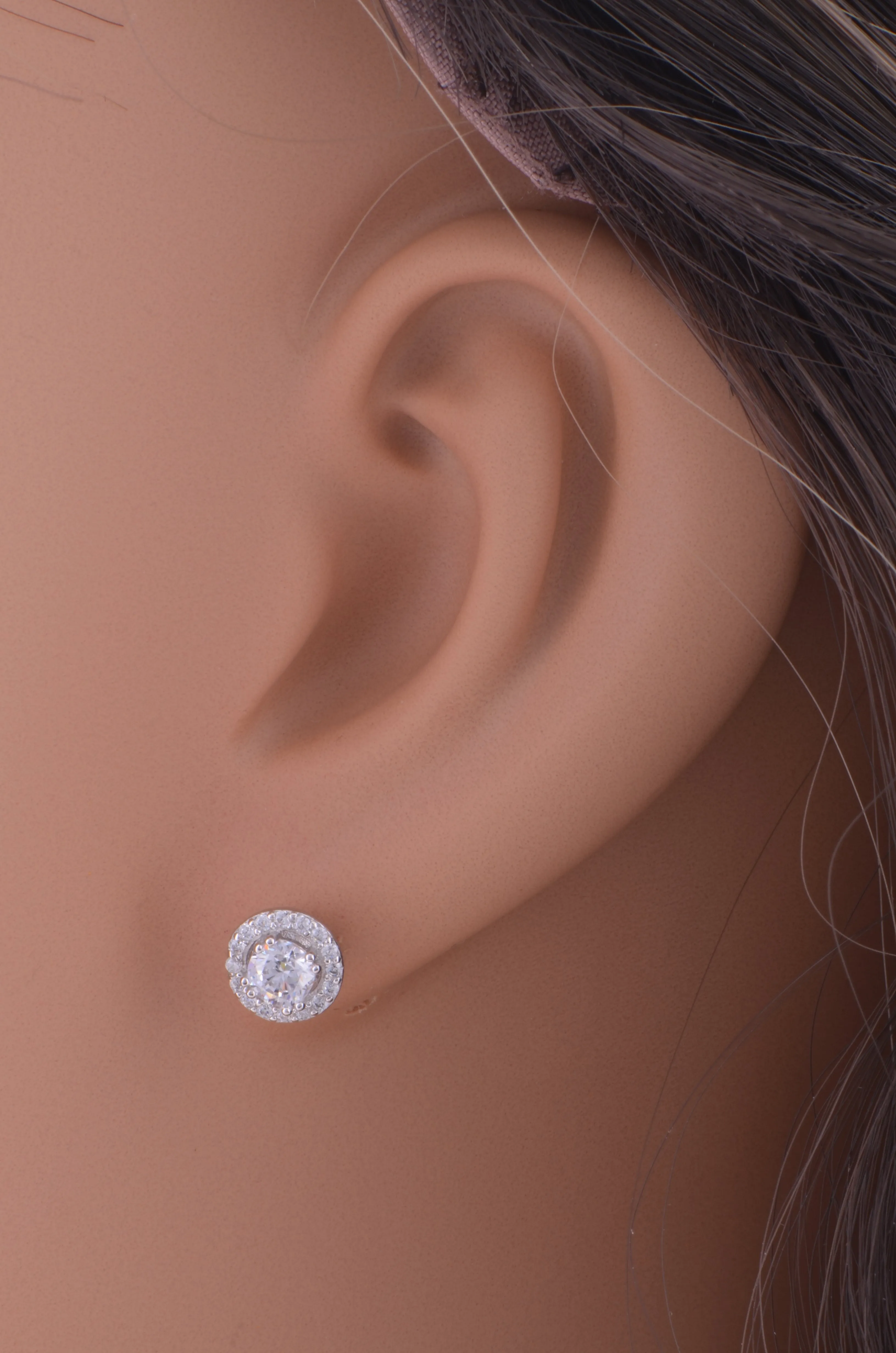 White Gold Over Sterling Silver Ladies Cz Round Halo Stud Earrings