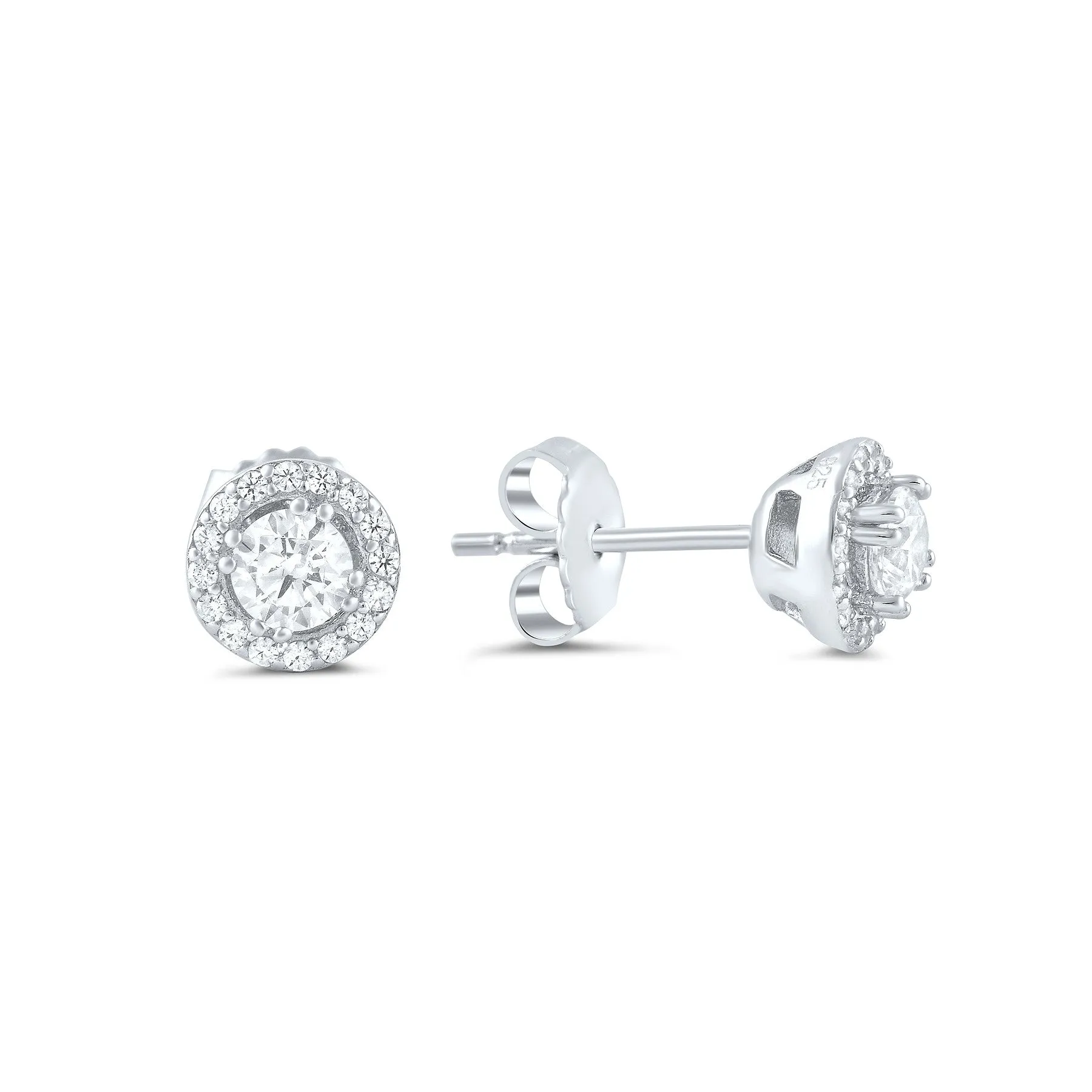 White Gold Over Sterling Silver Ladies Cz Round Halo Stud Earrings